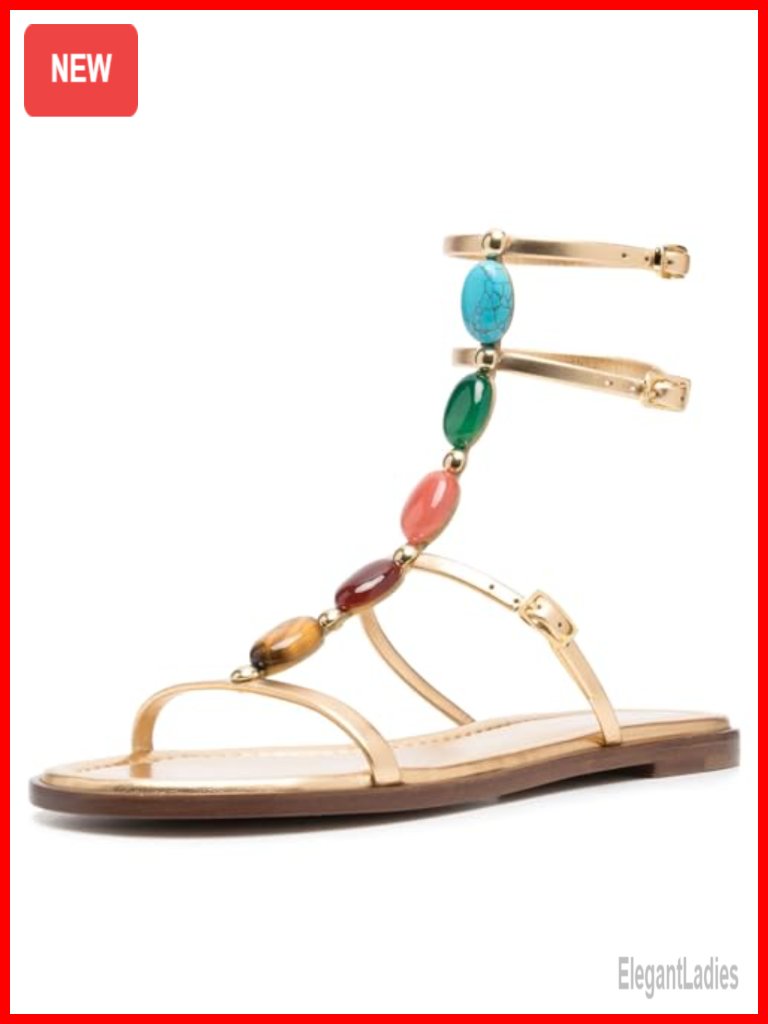 Faux Leather Flat Gladiator Sandals With Faux Gemstones
